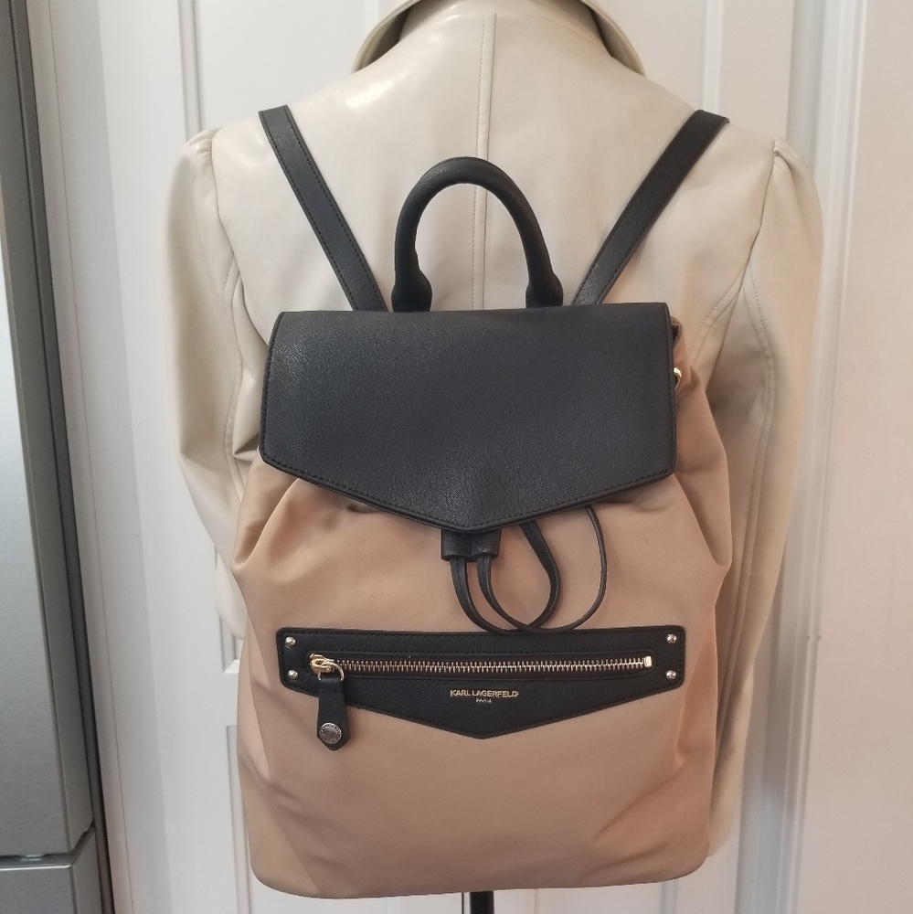 EUC Karl Lagerfeld Paris Large Tan/Black Nylon Backpack/Shoulder Bag - Picture 4 of 16